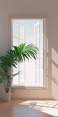 Poster - A large window with a plant in a white vase. The window is open and the sunlight is shining through it