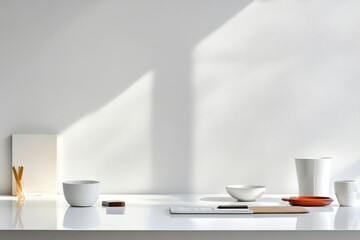 Poster - A white desk with a white wall and a white bowl on it. There is a cup and a bowl on the desk as well