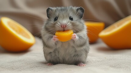 Wall Mural - Cute hamster eating an orange slice. (1)