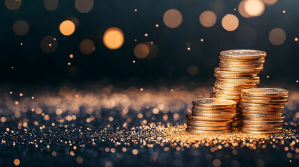 Poster - Shimmering gold coins stacked against a blurred, sparkling background