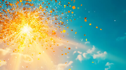 Poster - Bright explosion of confetti against a clear blue sky with sun rays shining through
