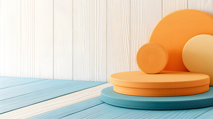 Aufkleber - Colorful circular shapes on a blue surface against a textured white background
