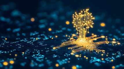 Poster - Digital tree formed by glowing circuits on a dark background, symbolizing technology and growth