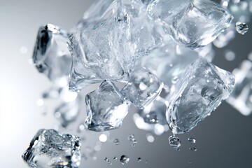 Wall Mural - A close up of ice cubes with a blurry background. The ice cubes are scattered and broken, giving the impression of a chaotic and disordered scene