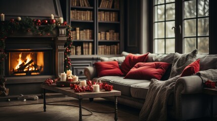 Wall Mural - A cozy living room with a fireplace, a couch, and a coffee table. The room is decorated with red and white Christmas decorations