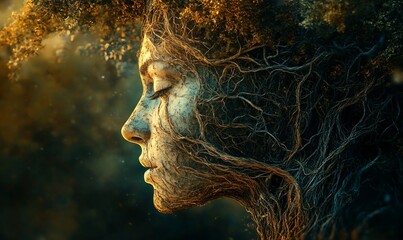 Wall Mural - Woman, nature, roots, profile, serene, sunset, fantasy art, environmental