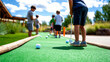 © F-STUDIO - A vibrant scene of children playing miniature golf on a sunny day, focusing on fun and outdoor activity.