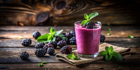 Wall Mural - Silhouetted Blackberry Smoothie: Fresh Berries & Mint on Wood