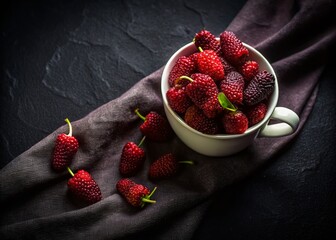 Wall Mural - Silhouetted Mulberries in White Cup - Top View Dark Food Photography