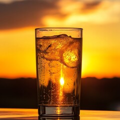 Poster - A glass of soda with ice cubes in it. The glass is on a table. The sun is setting in the background