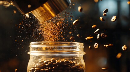 Wall Mural - Coffee Beans Pouring into a Jar with Ground Coffee Dust