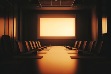 Poster - A large empty conference room with a projector screen. There are many chairs around the table. The room is dark
