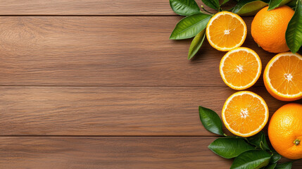 Canvas Print - Fresh oranges and vibrant green leaves arranged on wooden surface create lively and refreshing scene, highlighting natural beauty and health benefits of vitamin C rich fruits