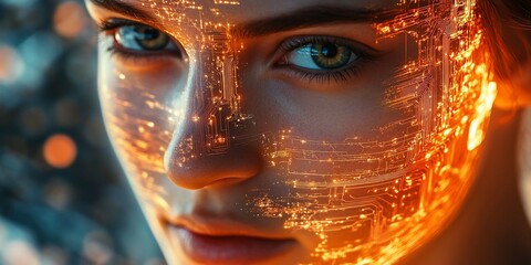 Wall Mural - Woman's face, circuit overlay, bokeh background, futuristic concept, AI art