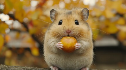 Wall Mural - Cute hamster holding a small fruit outdoors in autumn.