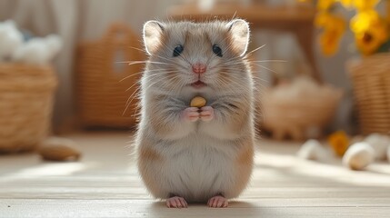 Wall Mural - Cute hamster holding a small seed, sitting on wooden floor.