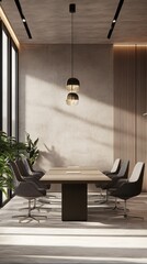 Poster - A conference room with a large table and chairs. The room is well lit and has a modern, minimalist design