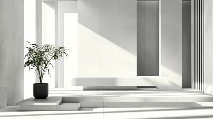 Poster - A white room with a potted plant in the center. The plant is a tall, leafy green tree with a large trunk