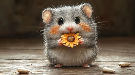 Wall Mural - Cute hamster holding a sunflower.