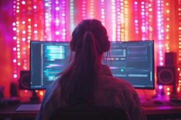 Creative coding session with vibrant lights in a modern workspace