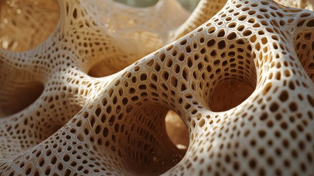 Abstract Beige Organic Structure Intricate 3D Rendered Honeycomb Pattern Detailed Architectural