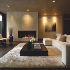 Wall Mural - A living room with a fireplace, a coffee table, and a couch. The couch is white and the coffee table is black