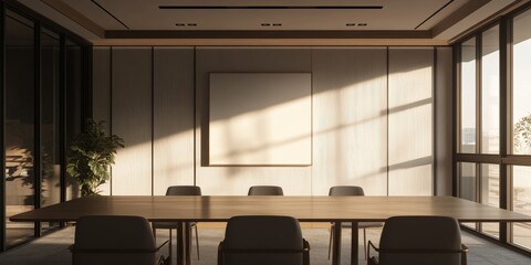 Poster - A large conference room with a white board on the wall and a long table with chairs. The room is well lit and has a modern, professional feel
