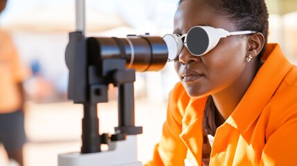 Poster - A woman wearing protective glasses examines an eye-testing device in a clinical setting.