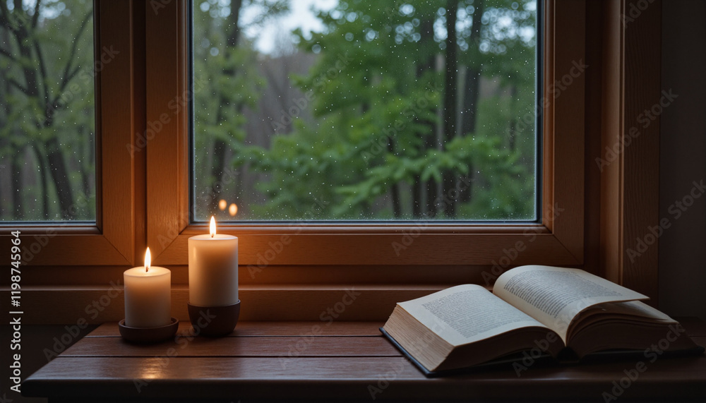Cozy reading nook by the window with candles and an open book on a ...