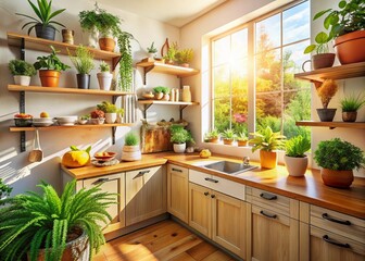 Sunlit Kitchen Corner: Plants, Shelves & Utensils - Stock Photo