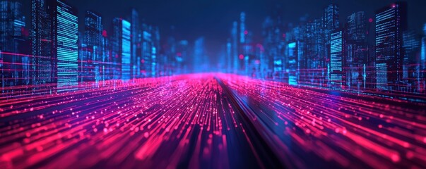 Poster - Dynamic digital cityscape futuristic urban environment with neon lights technology-driven visuals nighttime perspective