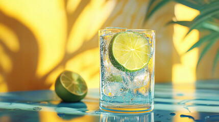 Wall Mural - A cool glass of sparkling water with rising bubbles and a slice of lime, served for a refreshing boost.