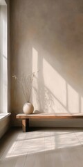 Poster - A peaceful, minimalist interior featuring a sunlit wooden bench and a vase, casting gentle shadows in a neutral-toned room.