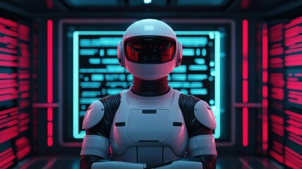 Poster - Futuristic robot encounter sci-fi lab digital art neon environment close-up view artificial intelligence concept