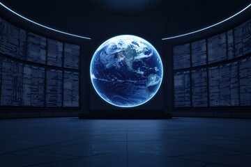 Poster - Global digital earth visualization futuristic tech space 3d render dark environment aerial view science concept
