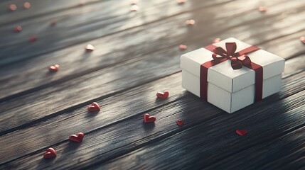 Poster - a beautifully wrapped valentine's gift box with a red ribbon and small decorative hearts scattered o