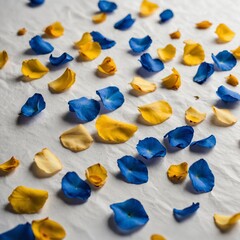 A close-up of the edges of blue and yellow rose petals on white.