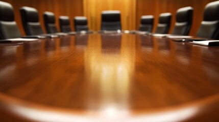 Poster - A group of people are sitting around a long wooden table. The table is surrounded by chairs and the people are all wearing business attire. Scene is professional and serious