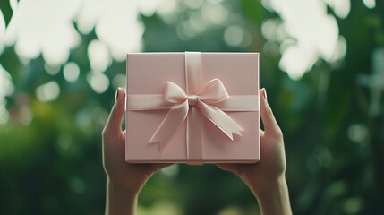 Poster - Hands holding a Valentine's gift box wrapped in pastel paper and decorated with a satin ribbon, with a blurred outdoor garden scene in the background