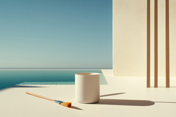 Minimalist poolside scene with cylindrical vase and paintbrush