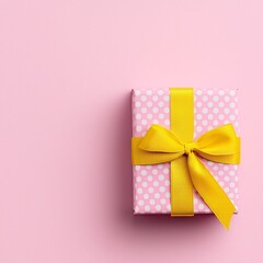 Playful Valentine's Day gift box, polka-dot wrapping with a bright yellow ribbon, set against a cheerful pastel-colored backdrop, vibrant and fun stock photo design, clean copyspace, lively and