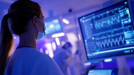 Poster - A healthcare professional monitors vital signs on a digital display in a medical facility.