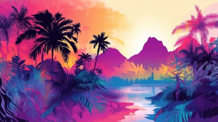 Wall Mural - Vibrant Tropical Sunset Landscape With Palm Trees