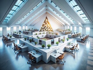 Poster - Surreal Office Space: Triangular Desk Formation - Abstract Corporate Photography