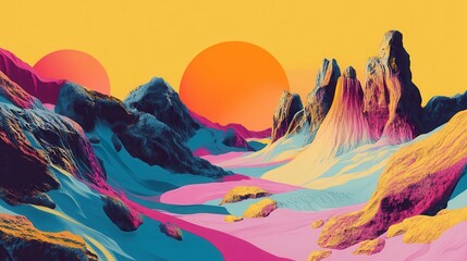 Wall Mural - Vibrant Surreal Landscape With Two Suns and Colorful Mountains