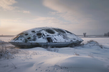 Iron oval UFO saucer hovering over beautiful landscape in deep dramatic sky, abstract vivid composition consists of fictional unreal fantastic vision on background