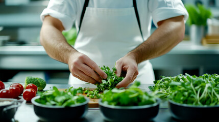 Wall Mural - A chef prepares fresh herbs in a modern kitchen, surrounded by vibrant vegetables and greens, showcasing culinary creativity.