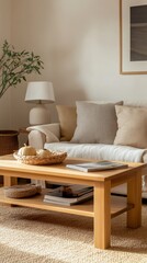 Wall Mural - A serene living room with neutral decor, showcasing a cozy sofa, wooden coffee table, and soft lighting.