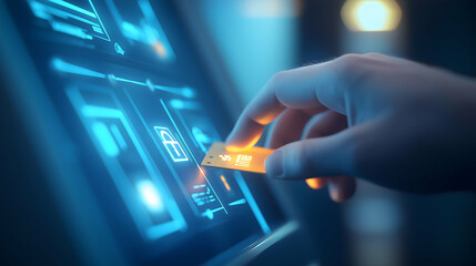 Aufkleber - A hand interacts with a digital touchscreen, inserting a card into a high-tech interface, showcasing modern technology and payment processes.