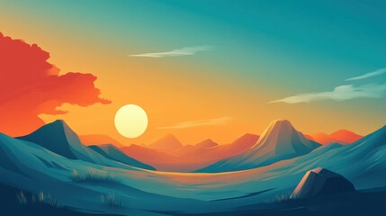 Wall Mural - Serene Sunset Over Rolling Teal Mountains